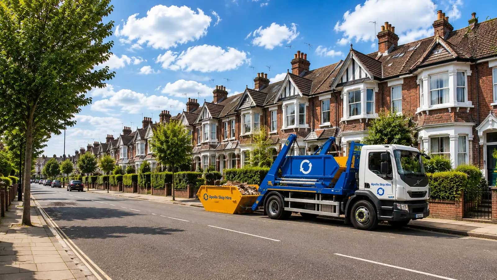 Apollo skip hire truck on a residential street