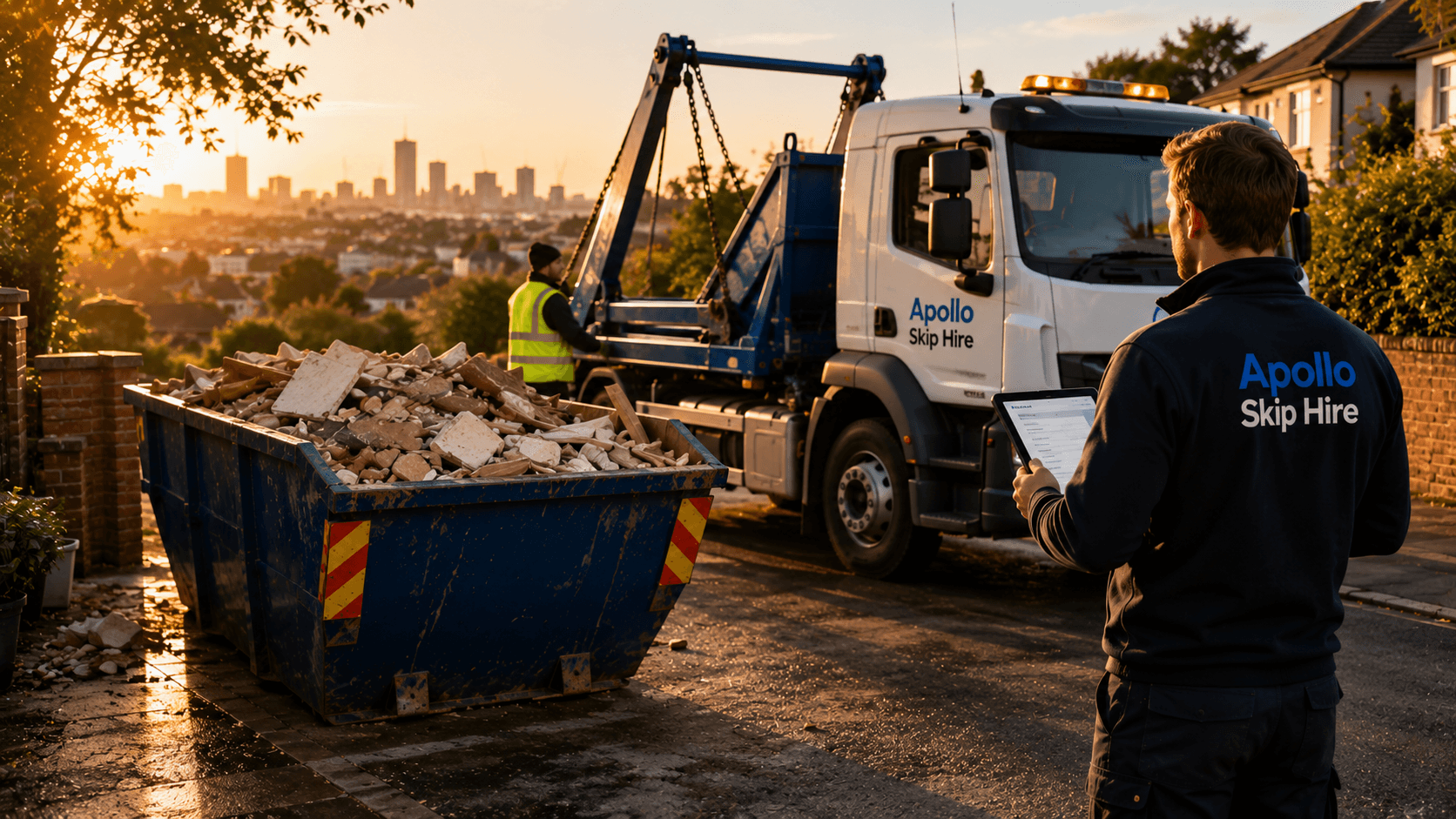 Apollo skip hire lorry delivering a skip on a residential street