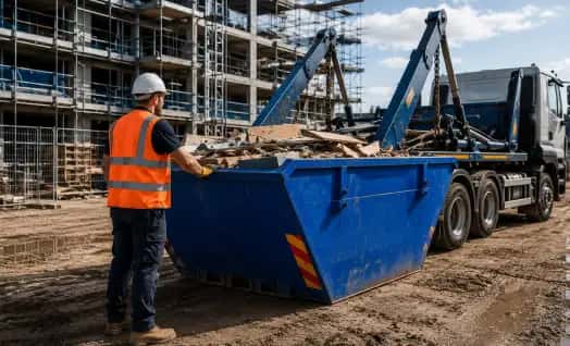 Site worker loading a skip beside a construction lorry