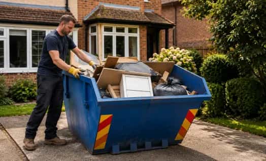 Householder loading a blue skip on a driveway