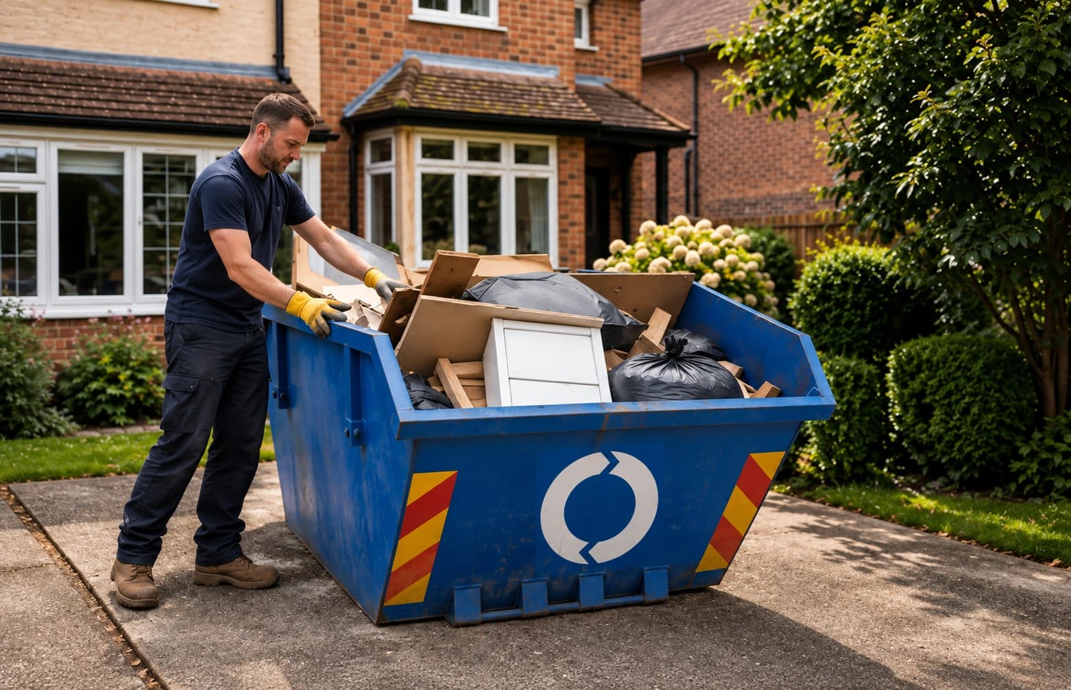 Householder loading a skip on a Belfast driveway